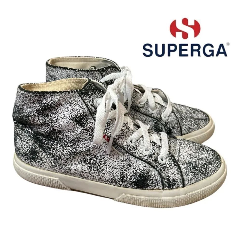 SUPERGA Black White Crackled Leather Hi / Mid Lace-up Sneakers 7